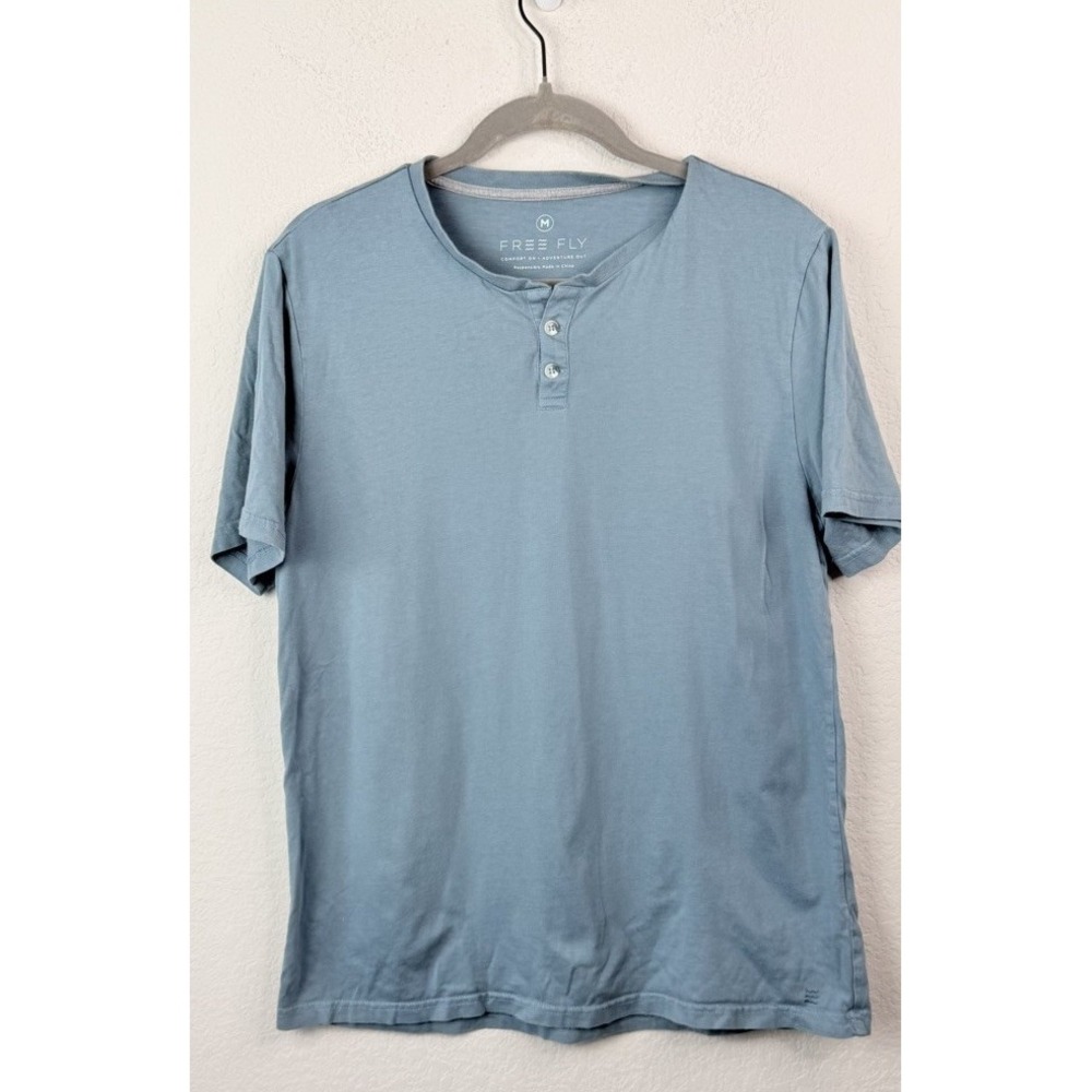 Free Fly Bamboo Henley Shirt Men M Blue Short Sleeve Cotton Blend Outdoor Casual